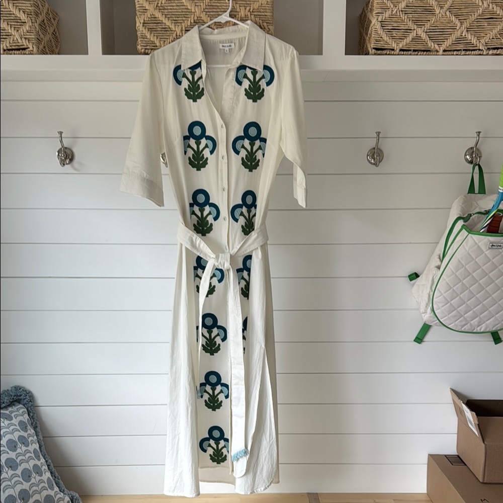 Beau & Ro White Dress with Blue and Green Floral Pattern